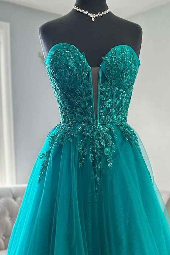 Tulle A-Line Strapless Sequins Appliques Party Prom Dress