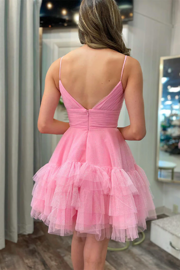 Tulle A-Line V-Neck Sleeveless Empire Short Homecoming Dress