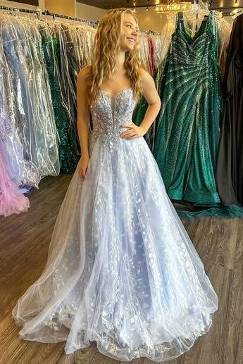 Tulle A-Line Sweetheart Spaghetti Straps Appliques Prom Dress