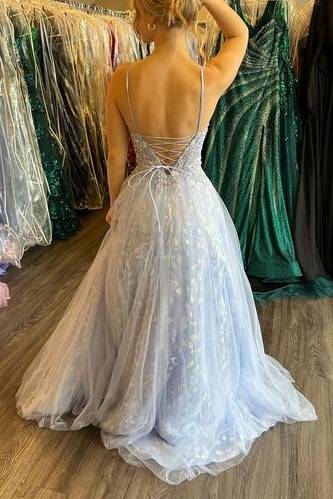 Tulle A-Line Sweetheart Spaghetti Straps Appliques Prom Dress