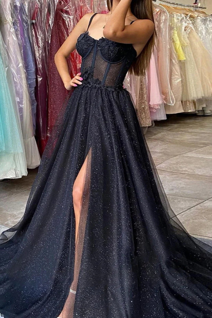 Tulle A-Line Sweetheart Spaghetti Straps Glitter Prom Dress