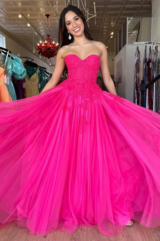 Tulle A-Line Sweetheart Strapless Appliques Long Prom Dress