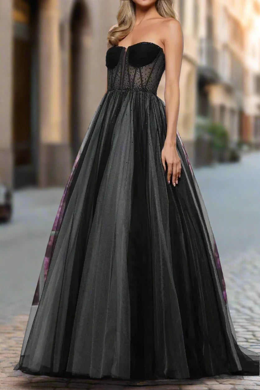 Tulle A-Line Sweetheart Strapless Beaded Prom Dress