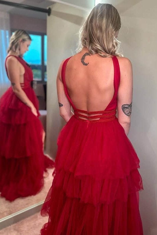 Tulle A-Line V-Neck Backless Tiered Party Prom Dress