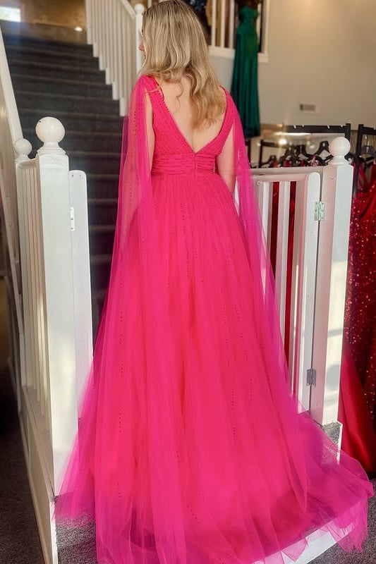 Tulle A-Line V-Neck Empire Party Prom Dress With Slit