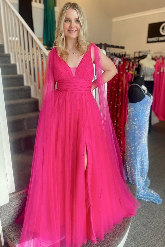 Tulle A-Line V-Neck Empire Party Prom Dress With Slit