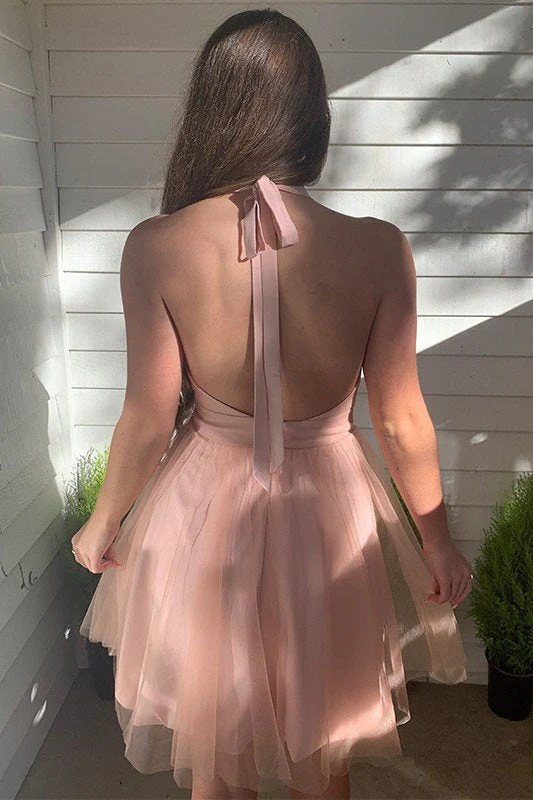 Tulle A-Line V-Neck Halter Sleeveless Open Back Short Homecoming Dress