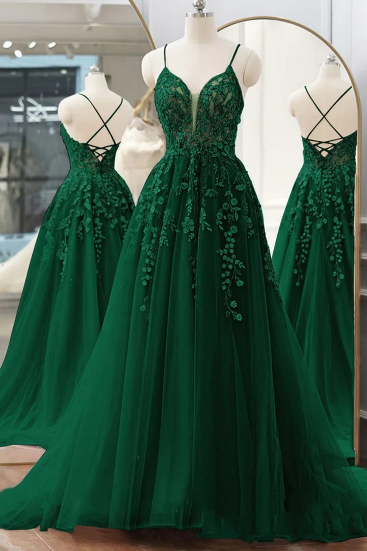 Tulle A-Line V-Neck Lace Appliques Long Prom Dress