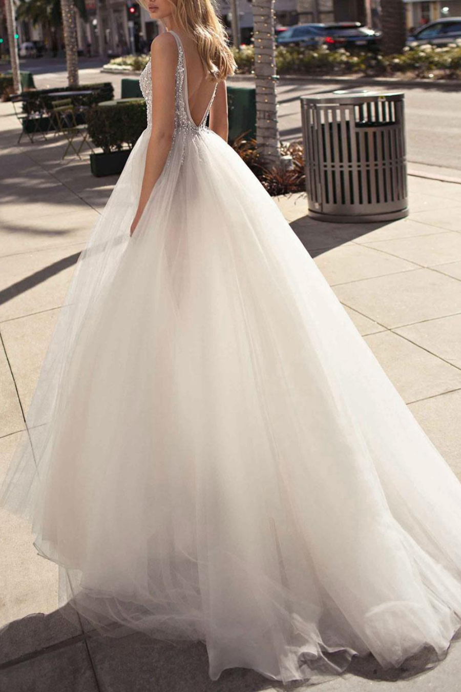 Tulle A-Line V-Neck Sequined Appliques With Side Slit Sheer Wedding Dress