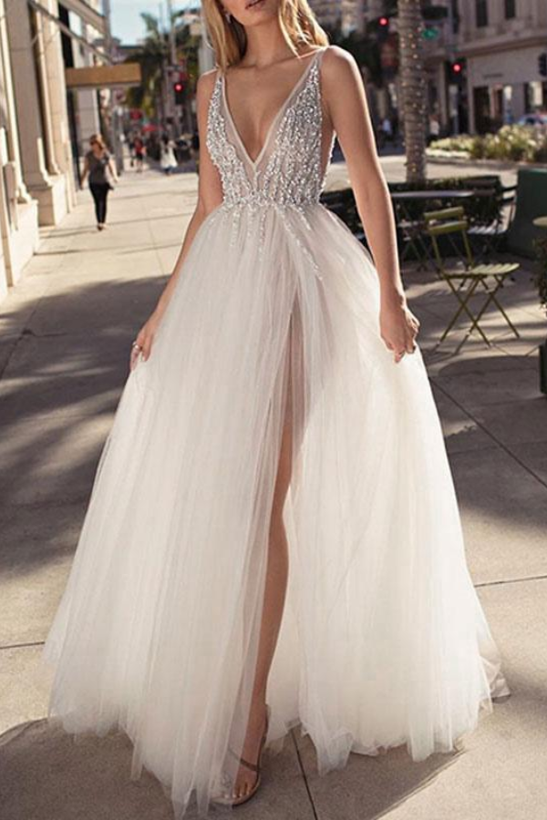 Tulle A-Line V-Neck Sequined Appliques With Side Slit Sheer Wedding Dress