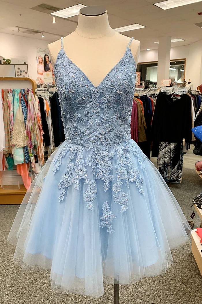 Tulle A-Line V-Neck Sleeveless Appliques Beaded Short Homecoming Dress