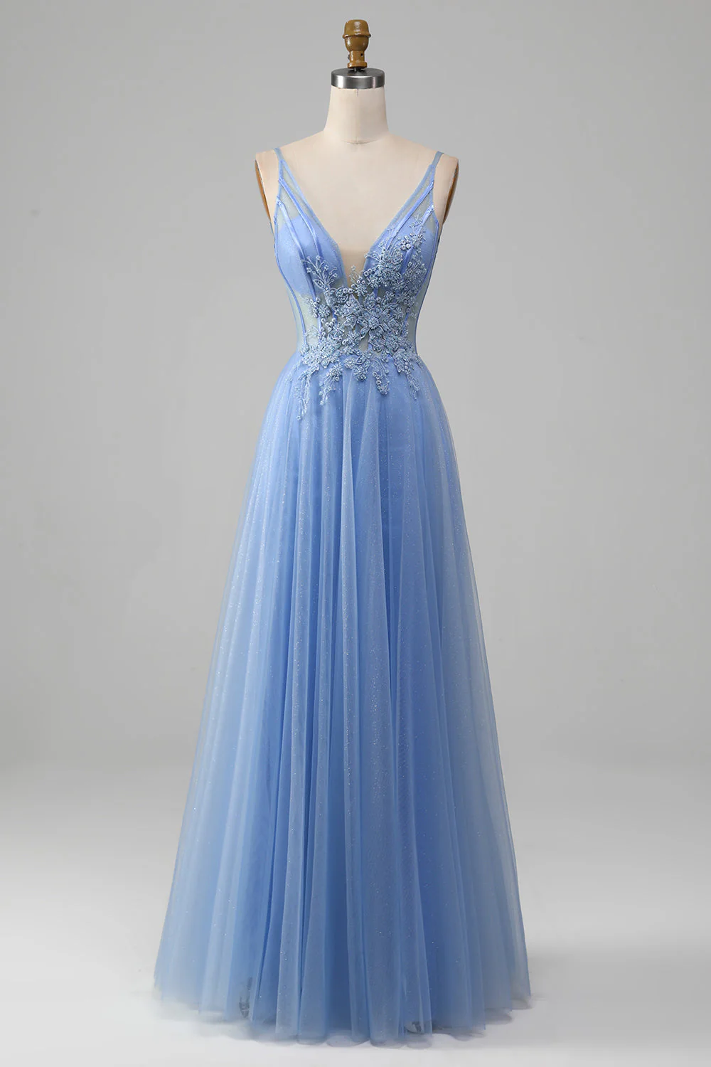 Tulle A-Line V-Neck Sleeveless Appliques Classic Long Prom Dress