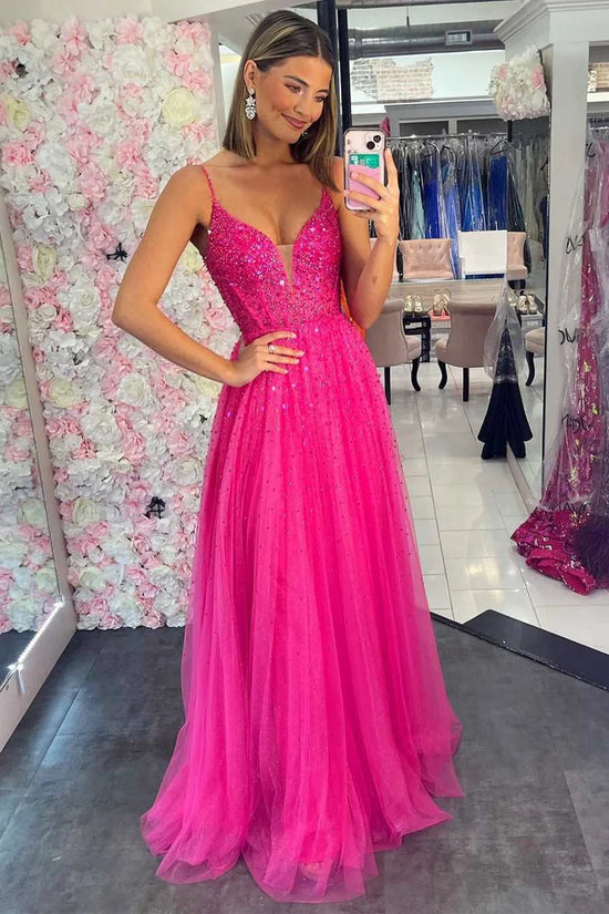 Tulle A-Line V-Neck Spaghetti Straps Empire Appliques Prom Dress