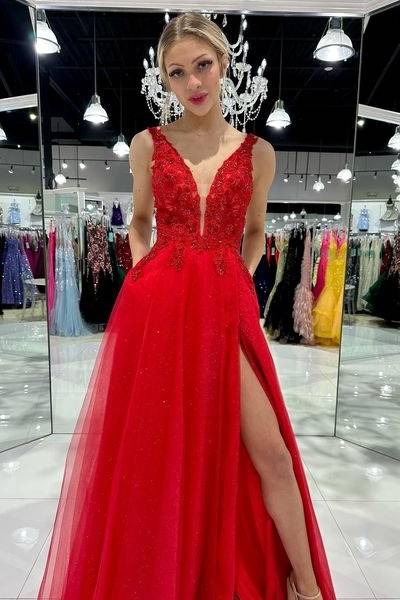 Tulle A-Line V-Neck Sleeveless Appliques With Side Slit Prom Dress