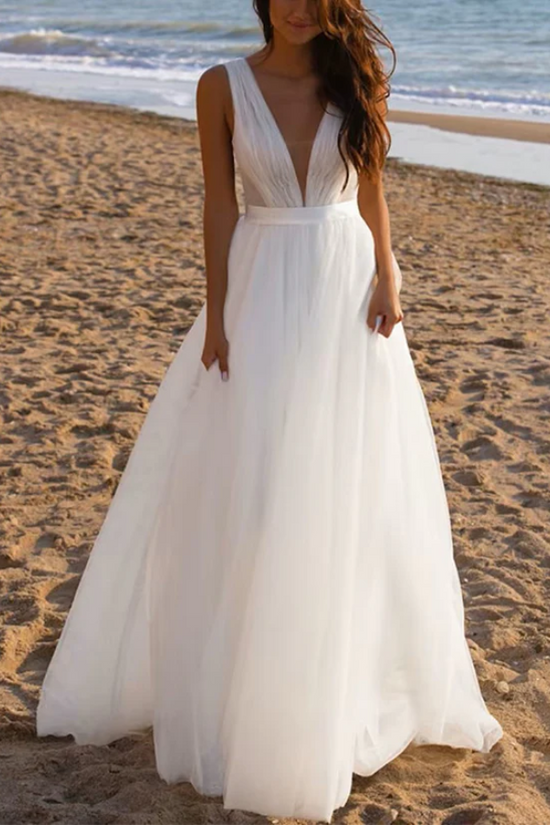 Tulle A-Line V-Neck Sleeveless Empire Sheer Beach Wedding Dress