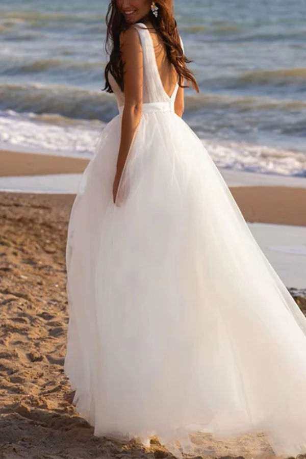 Tulle A-Line V-Neck Sleeveless Empire Sheer Beach Wedding Dress