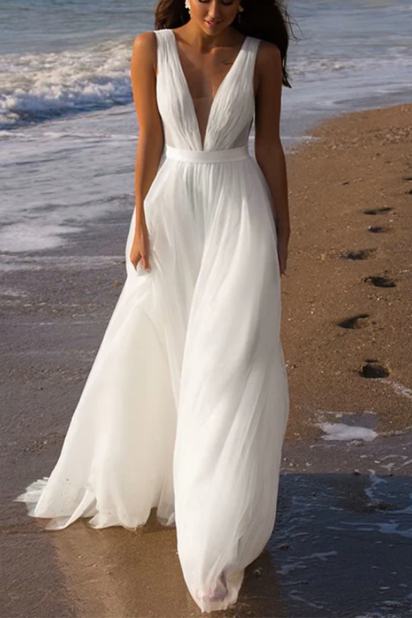 Tulle A-Line V-Neck Sleeveless Empire Sheer Beach Wedding Dress Movousdress Tulle A-Line V-Neck Sleeveless Empire Sheer Beach Wedding Dress Movousdress