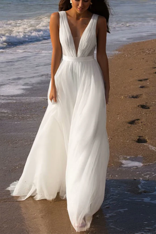 Tulle A-Line V-Neck Sleeveless Empire Sheer Beach Wedding Dress