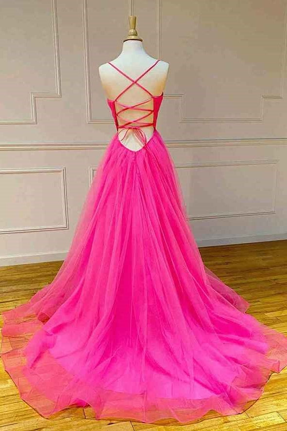 Tulle A-Line V-Neck Sleeveless Lace Up Prom  Party Dress