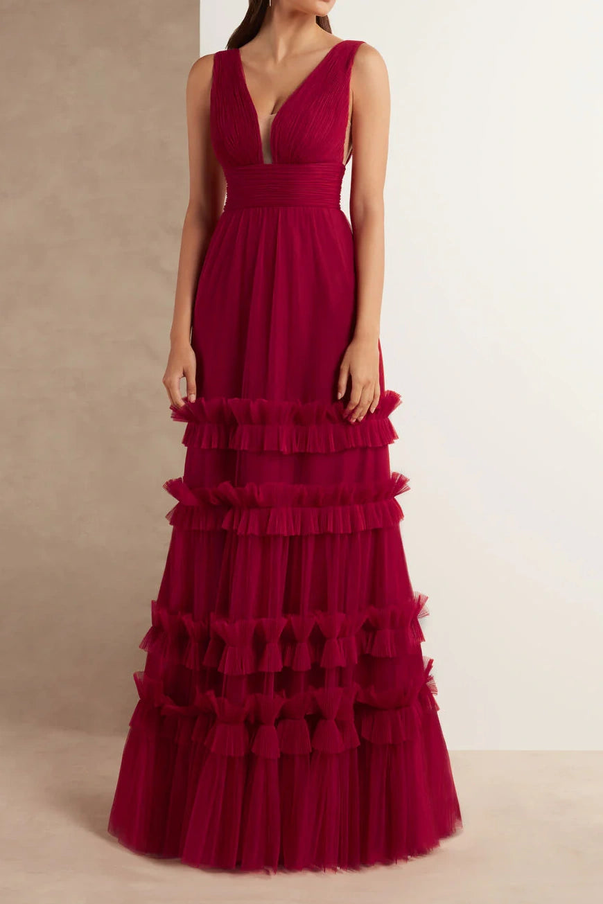 Tulle A-Line V-Neck Sleeveless Tiered Formal Party Dress