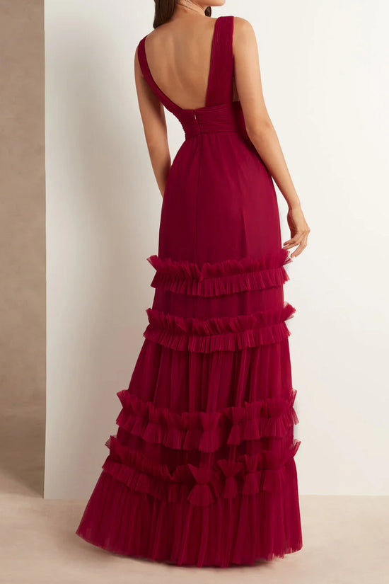 Tulle A-Line V-Neck Sleeveless Tiered Formal Party Dress