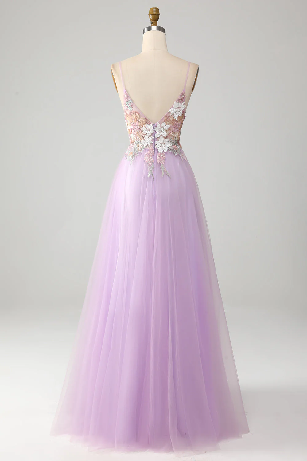 Tulle A-Line V-Neck Spaghetti Straps Applique With Side Slit Prom Dress