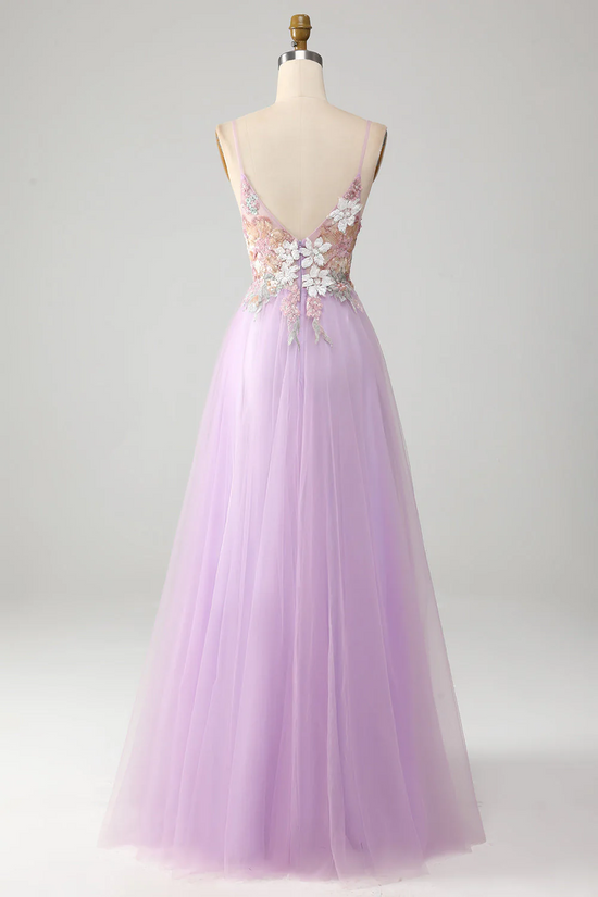 Tulle A-Line V-Neck Spaghetti Straps Applique With Side Slit Prom Dress