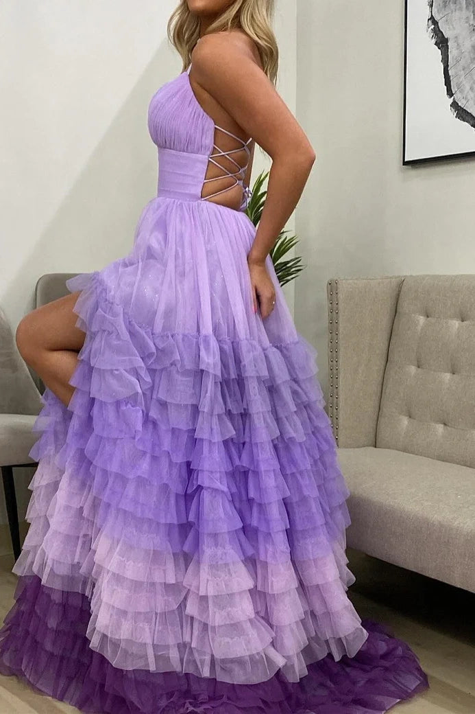 Tulle A-Line V-Neck Spaghetti Straps Tiered Long Formal Prom Dress