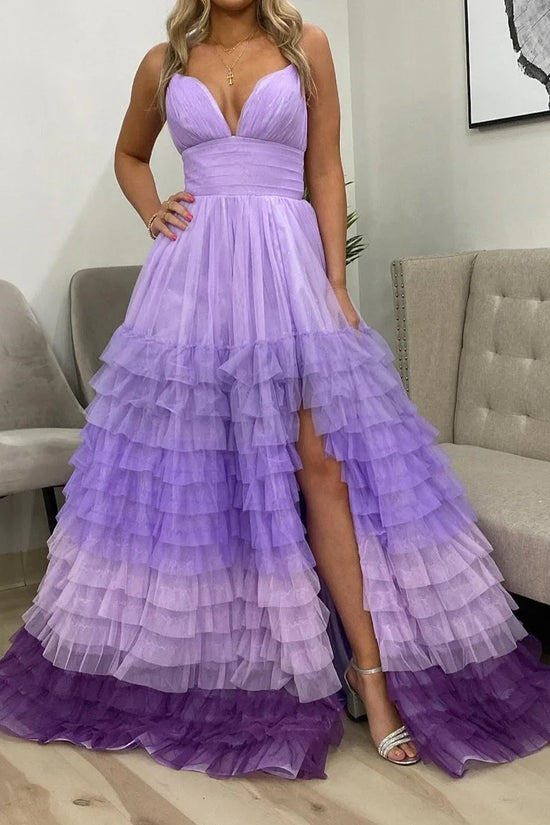 Tulle A-Line V-Neck Spaghetti Straps Tiered Long Formal Prom Dress