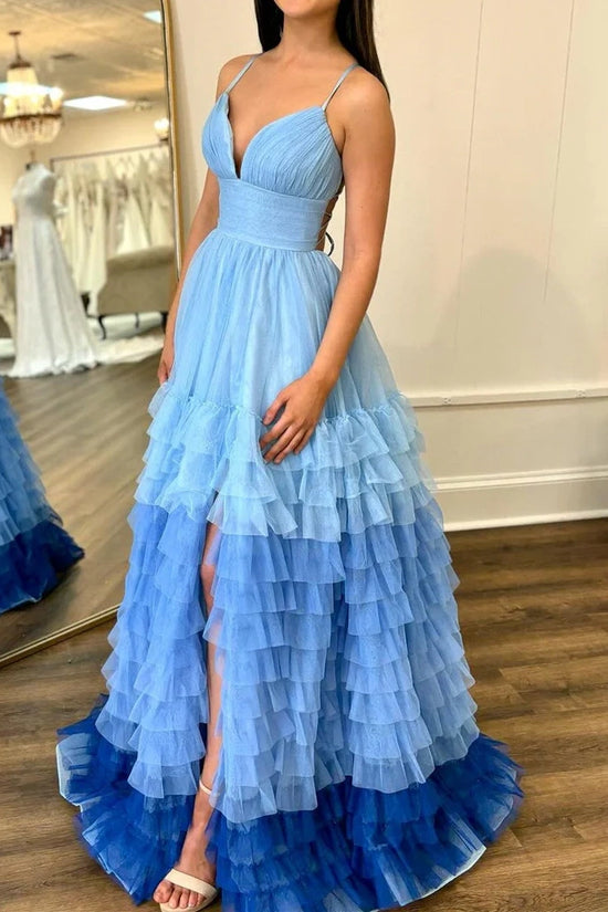 Tulle A-Line V-Neck Spaghetti Straps Tiered Long Formal Prom Dress