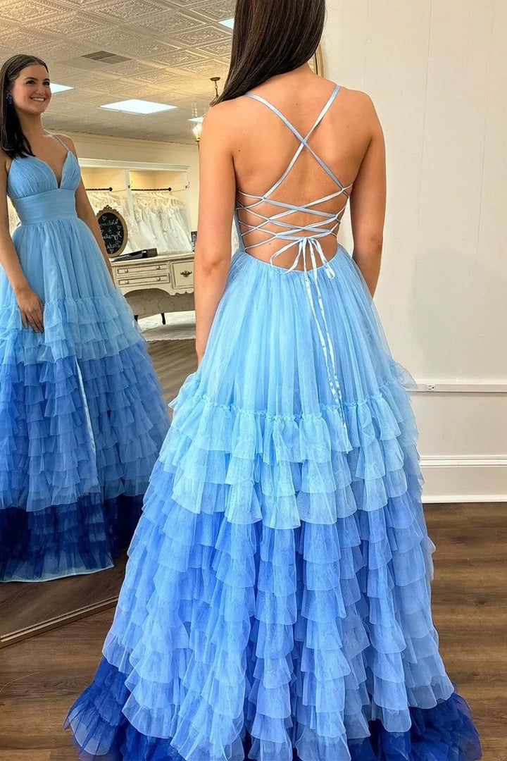 Tulle A-Line V-Neck Spaghetti Straps Tiered Long Formal Prom Dress