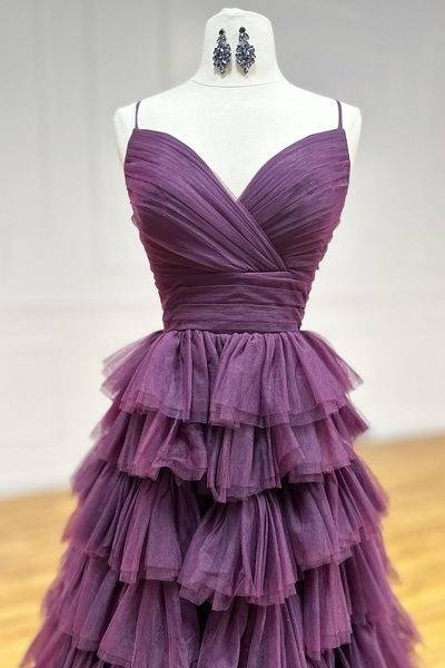 Tulle A-Line V-Neck Spaghetti Straps Tiered Long Prom Dress