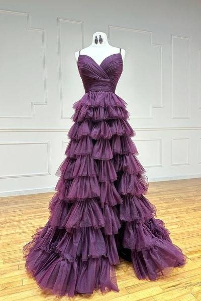 Tulle A-Line V-Neck Spaghetti Straps Tiered Long Prom Dress