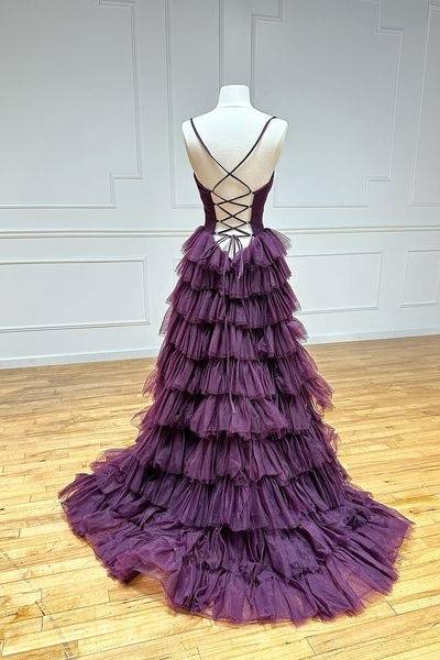 Tulle A-Line V-Neck Spaghetti Straps Tiered Long Prom Dress