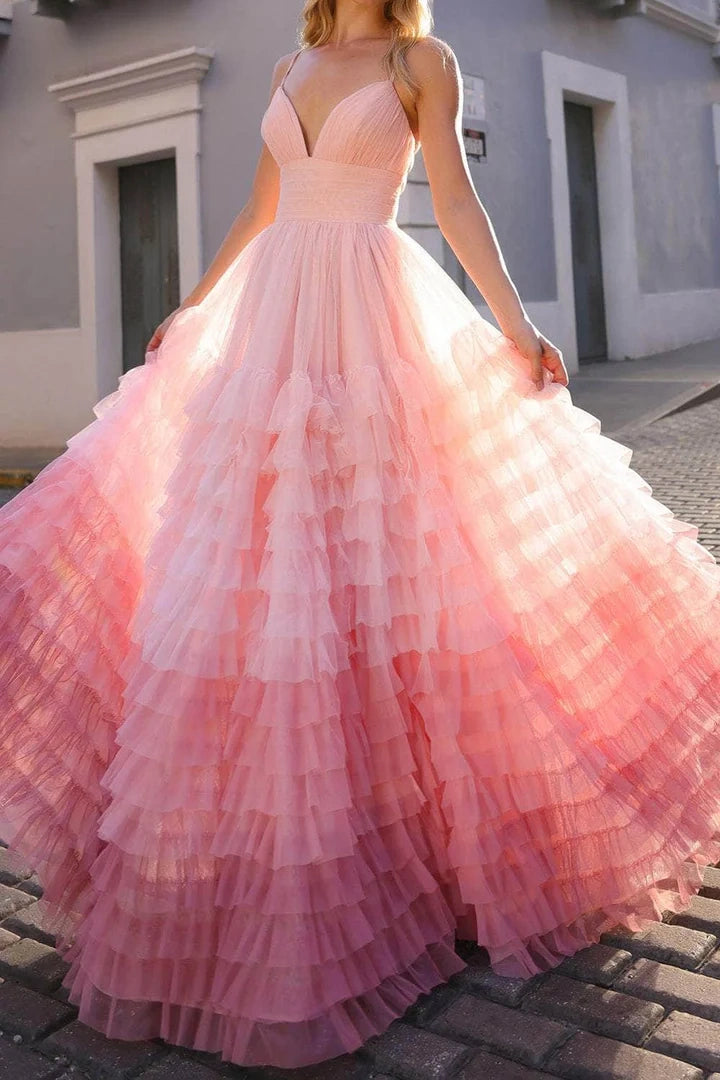 Tulle A-Line V-Neck Spaghetti Straps Tiered Prom Dress