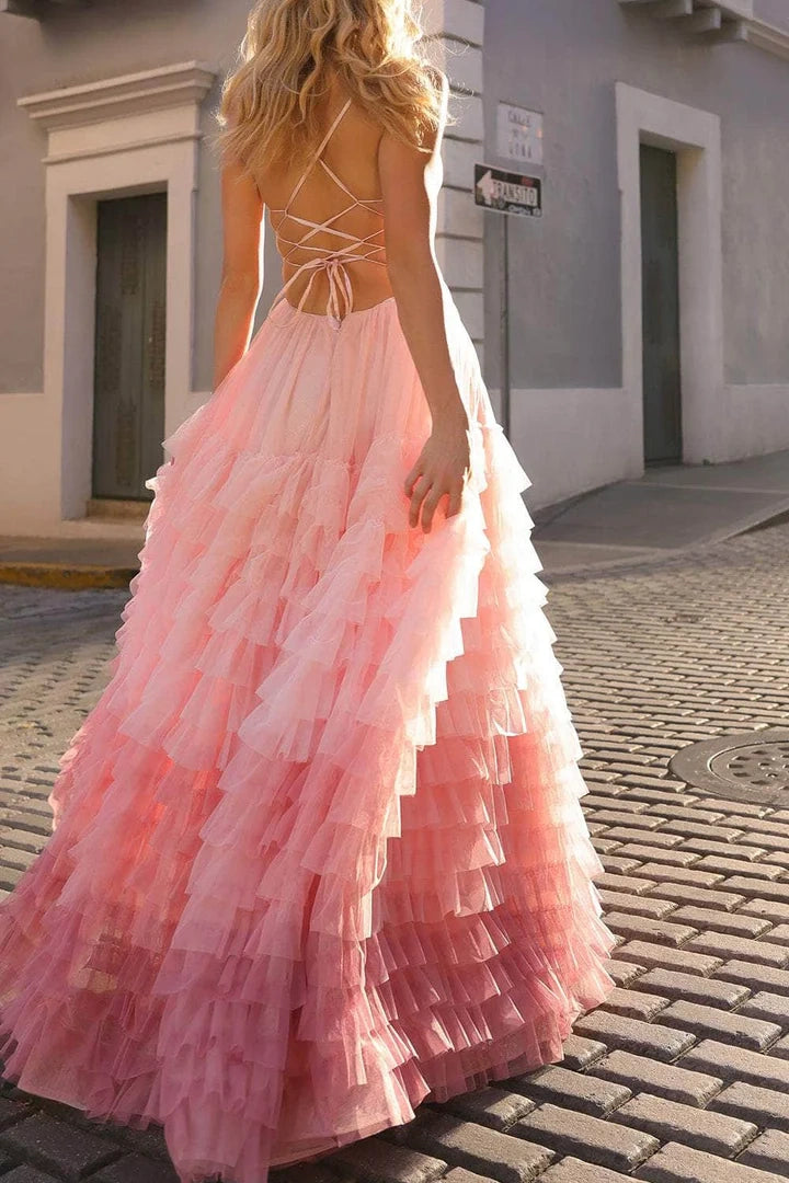 Tulle A-Line V-Neck Spaghetti Straps Tiered Prom Dress