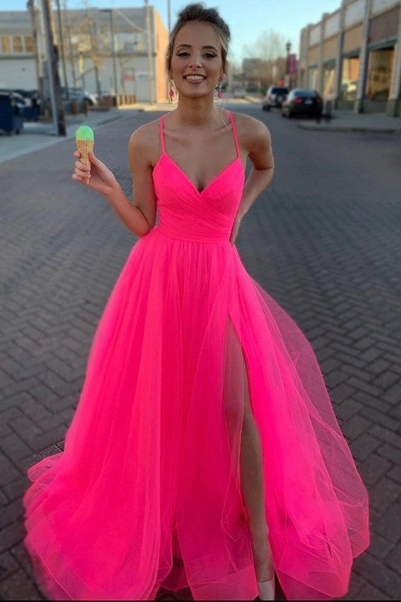 Tulle A-Line V-Neck Spaghetti Straps With Side Slit Prom Dress