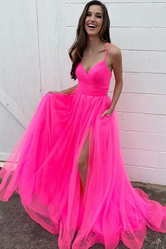 Tulle A-Line V-Neck Spaghetti Straps With Side Slit Prom Dress