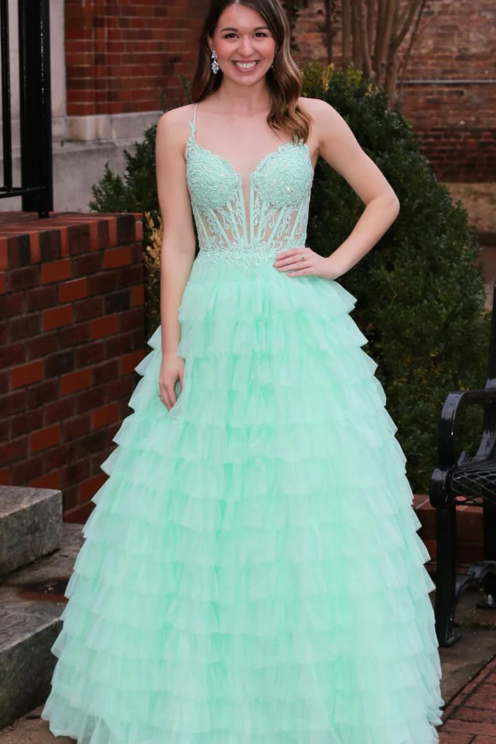 Tulle Tiered Sweetheart Appliques Long Prom Dress