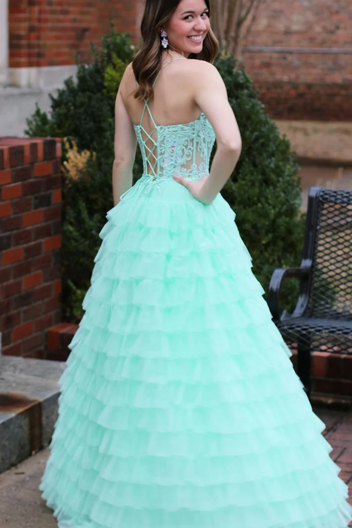 Tulle Tiered Sweetheart Appliques Long Prom Dress