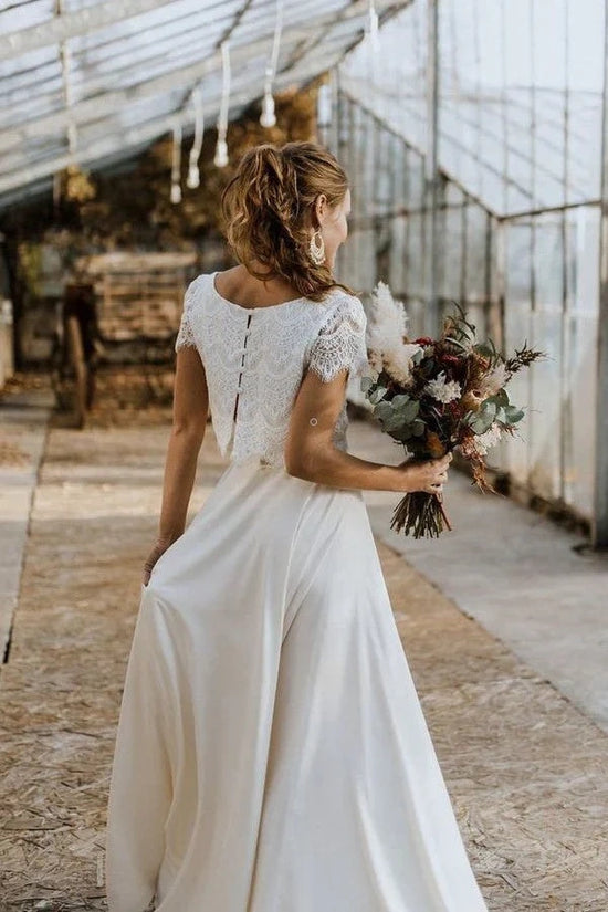 Two Piece Scoop Short Sleeves A-Line Long Boho Wedding Dress – Movousdress