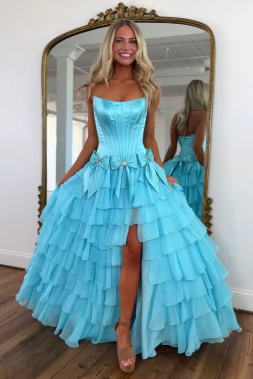 Two Tone A-Line Bateau Strapless Tiered Party Prom Dress With Bows