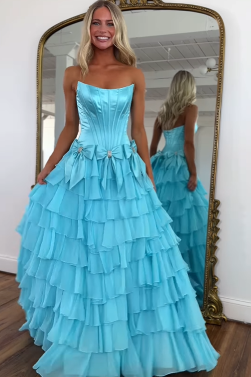 Two Tone A-Line Bateau Strapless Tiered Party Prom Dress With Bows