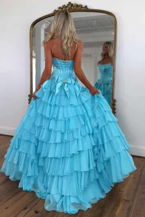 Two Tone A-Line Bateau Strapless Tiered Party Prom Dress With Bows