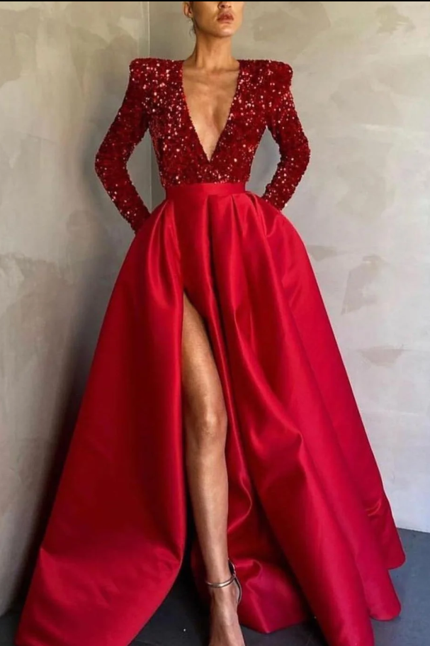 Two Tone A-Line Low V-Neck Long Sleeves Party Prom Dress