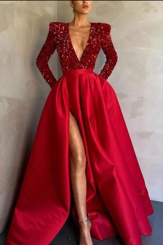 Two Tone A-Line Low V-Neck Long Sleeves Party Prom Dress