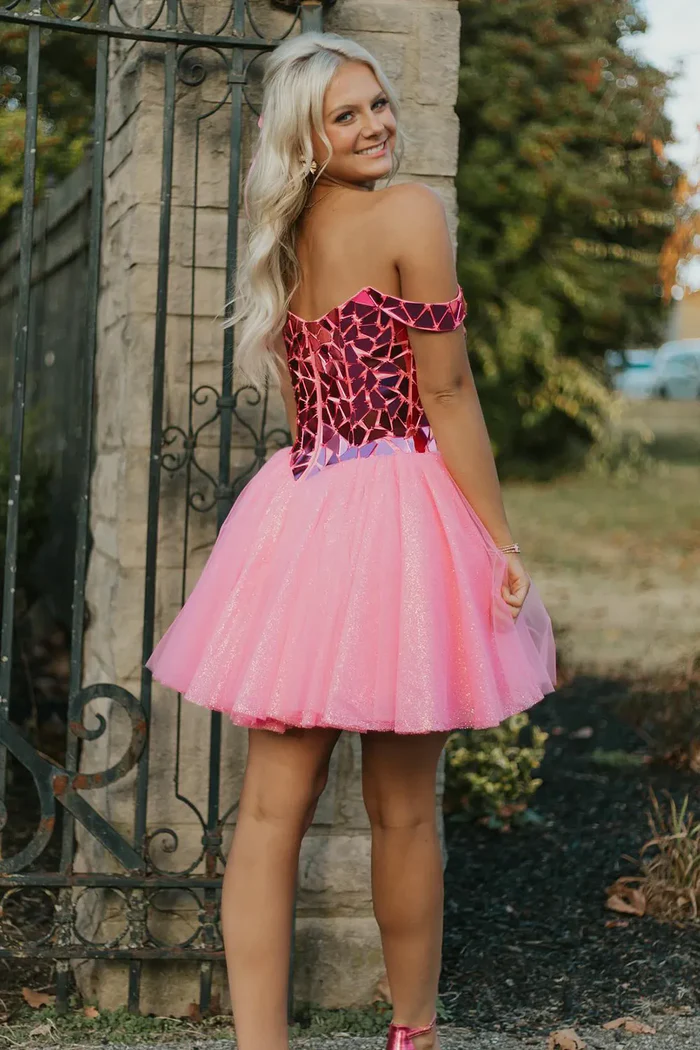 Two Tone A-Line Off-Shoulder Beaded Homecoming Dress