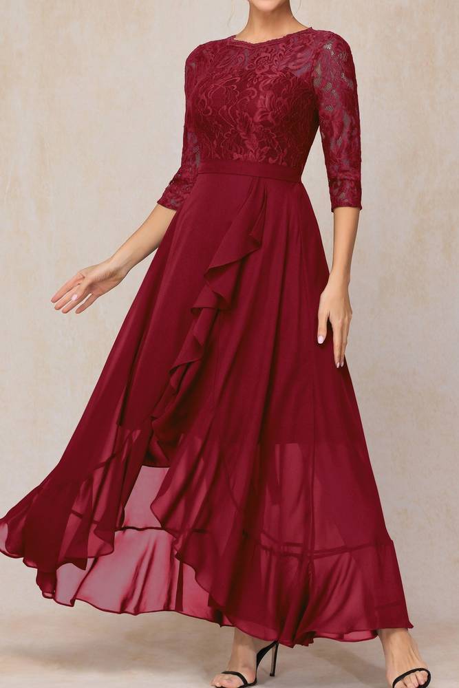 Two Tone Round Half Sleeves Ruffled Mother Of Brides Dress