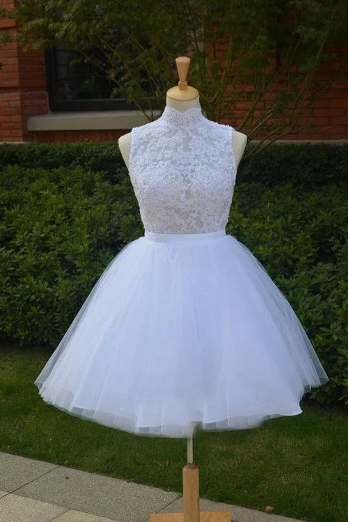 Two Town A-Line High Neck Sleeveless Short Wedding Dress