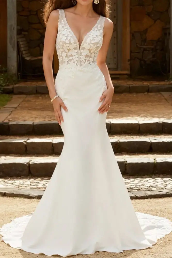 V-Neck Backless Appliques Mermaid Beach Wedding Dress